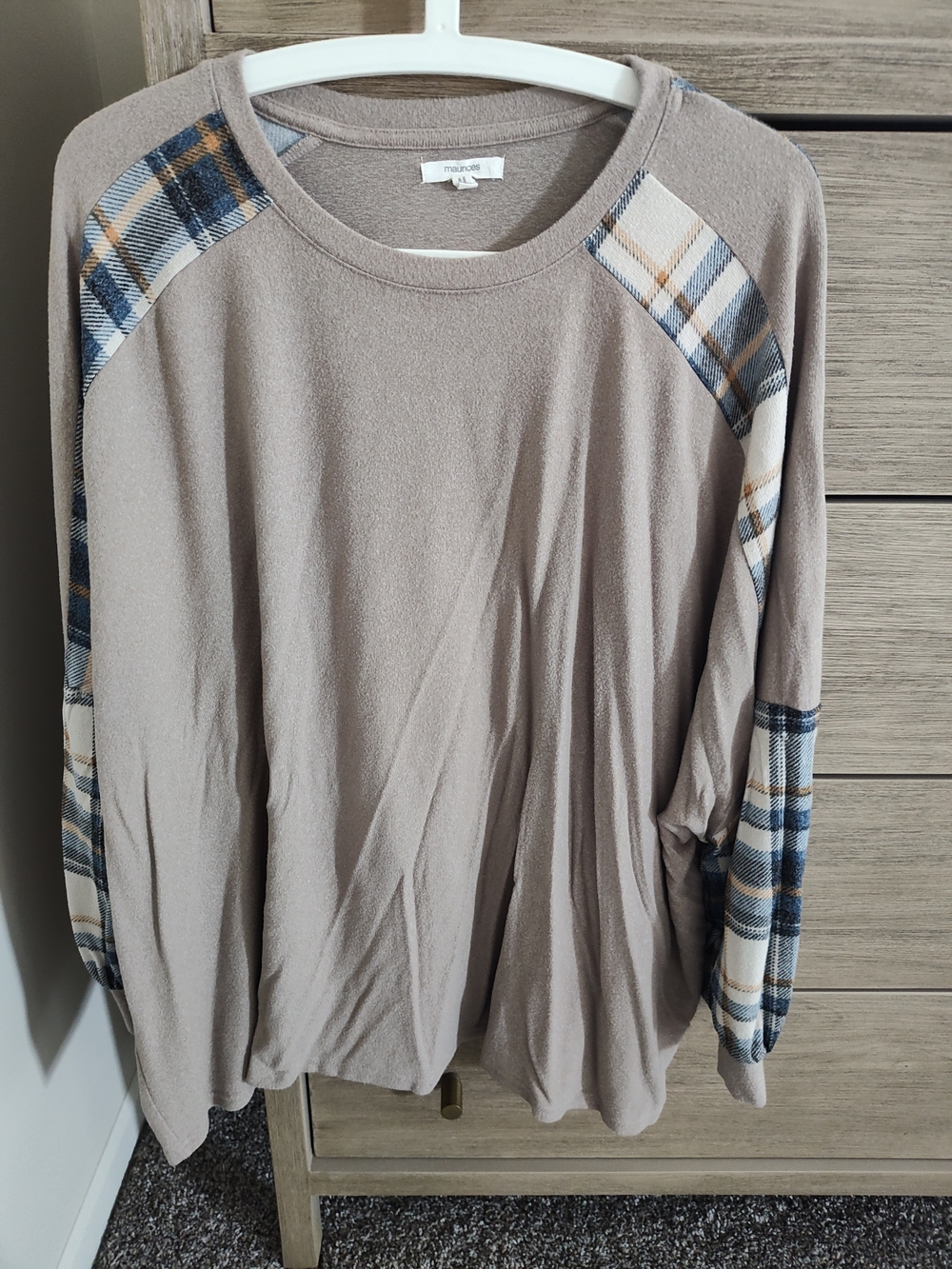 Maurices Taupe Crewneck Sweater with Blue & Cream Plaid Trim